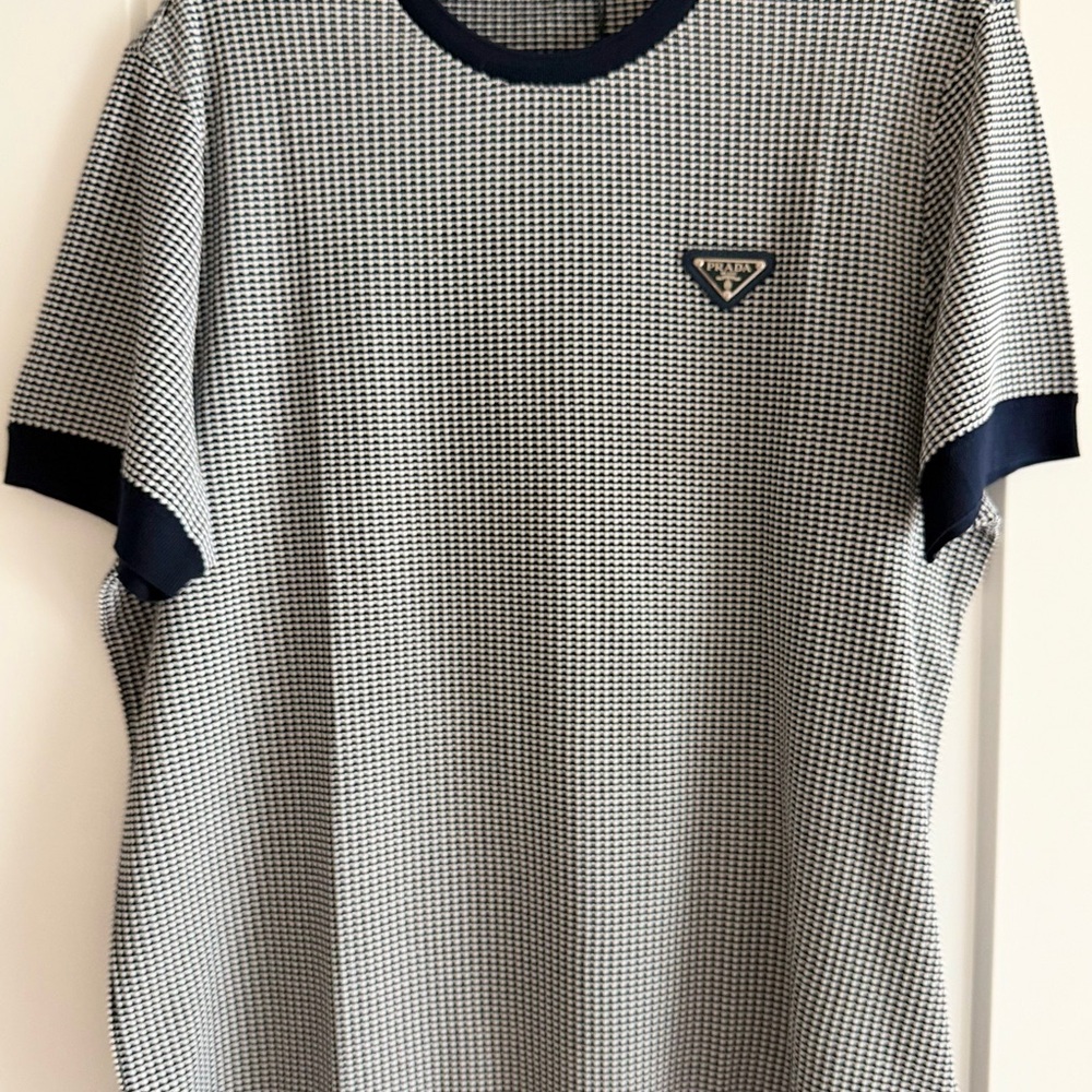 Prada Short Sleeve Knit Shirt in Navy & White Houndstooth